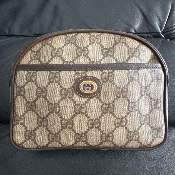 Gucci Handbags - Gucci Beige and Brown Monogram Pouch Preloved Used